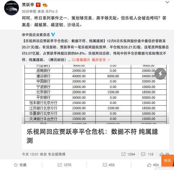 賈躍亭回應(yīng)平倉(cāng)危機(jī)：樂(lè)視不會(huì)被擊垮 越被黑越堅(jiān)韌