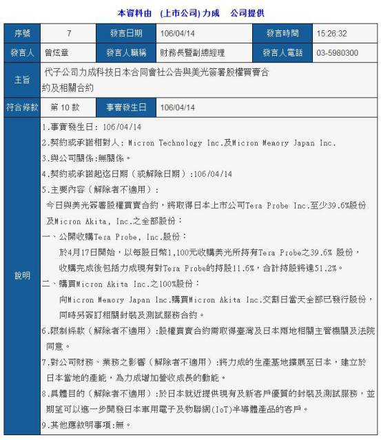 力成宣布收購(gòu)日商 并購(gòu)美光秋田廠