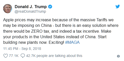 特朗普要蘋果回國造 蘋果供應商股價應聲普跌