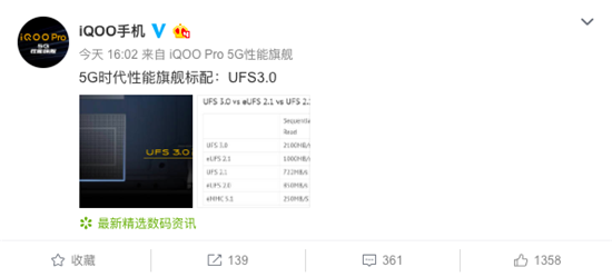 性能旗艦標配UFS 3.0 iQOO Pro寫入速度提升110%